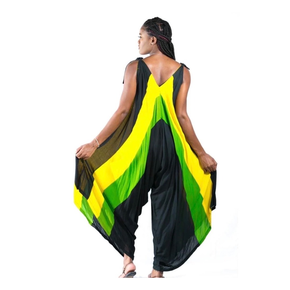 Creations Jamaican Flag Harem Jumpsuit Black Yellow Green Boho One Size Rayon - Picture 2 of 8